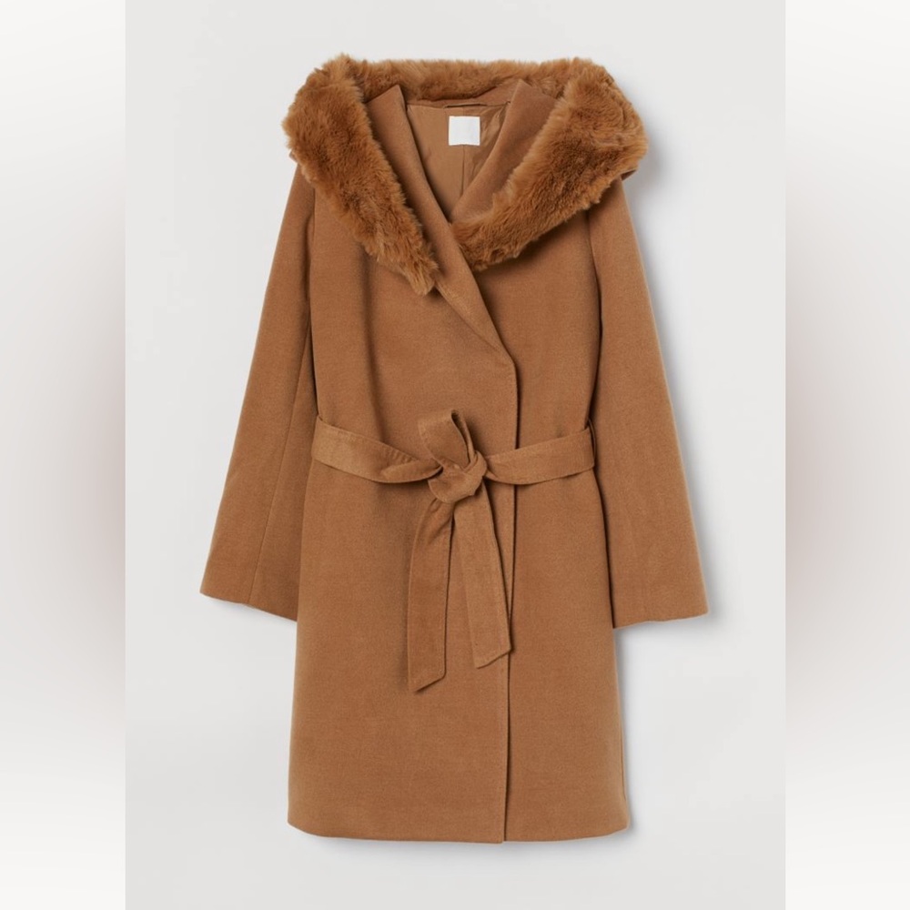 NWOT H&M Hooded Coat with Tie - Dark Beige